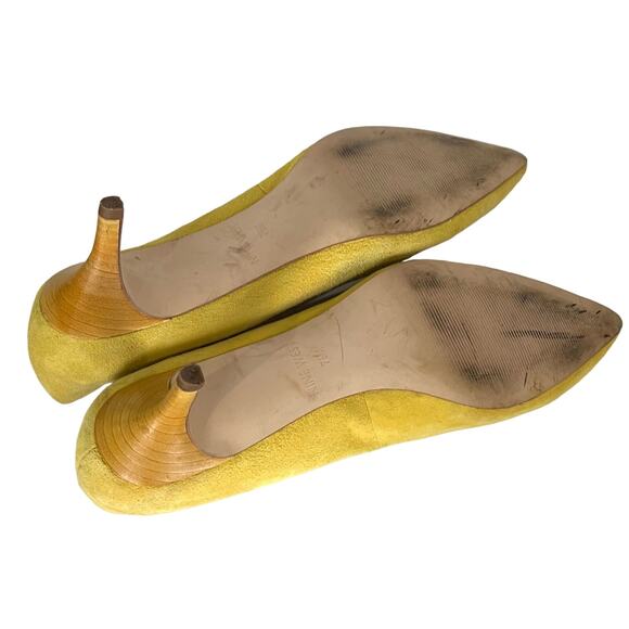 Nine West Heels Women’s 7.5 Xeena Yellow Suede Kitten Pumps Pointy Toe Slip On - Picture 15 of 16